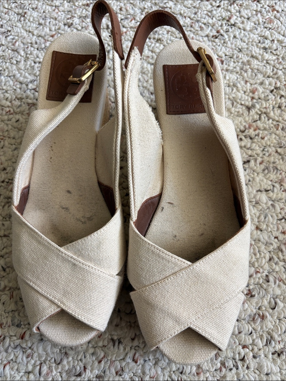Tory Burch Beige Canvas Crisscross Slingback Wedges